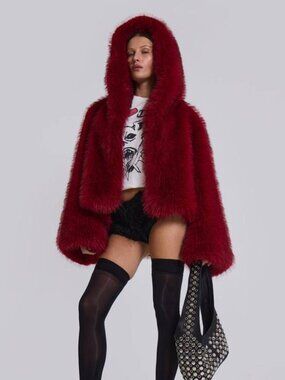 NEW JADED LONDON Women’s Mara Oversized Faux Fur Coat – Red, Size M/L